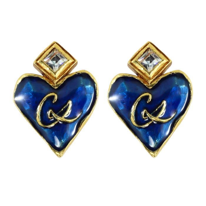 Christian Lacroix Signed Vintage Blue Enamel - Gold Plate Heart Motif Earrings c. 1980 (Clip-ons) - Harlequin Market