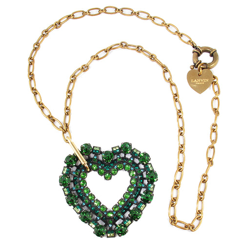 Vintage Signed 'Lanvin' Emerald Crystal Heart Necklace - Made in France