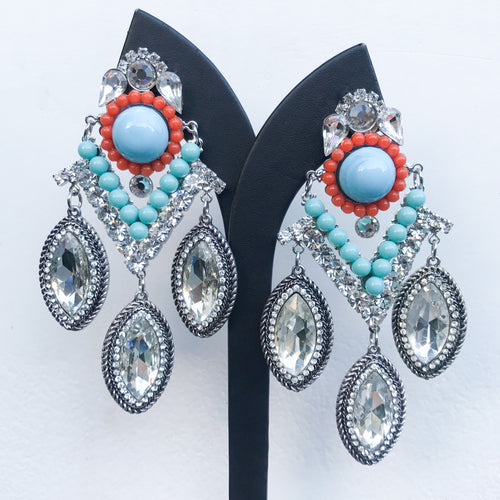 Lawrence VRBA Signed Large Statement Crystal Earrings - Silver, Clear, Turquoise, Coral