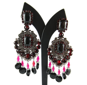 Lawrence VRBA Signed Large Statement Crystal Earrings - Blood Red, Black, Clear & Grey