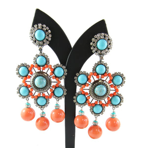 Lawrence VRBA Signed Large Statement Crystal Earrings - Flower Three Drop Faux Coral & Faux Turquoise