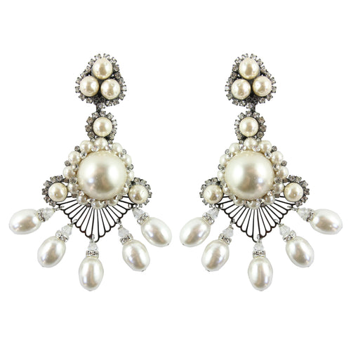 Lawrence VRBA Signed Large Statement Crystal Earrings - Large Pearl Lace Like Drop