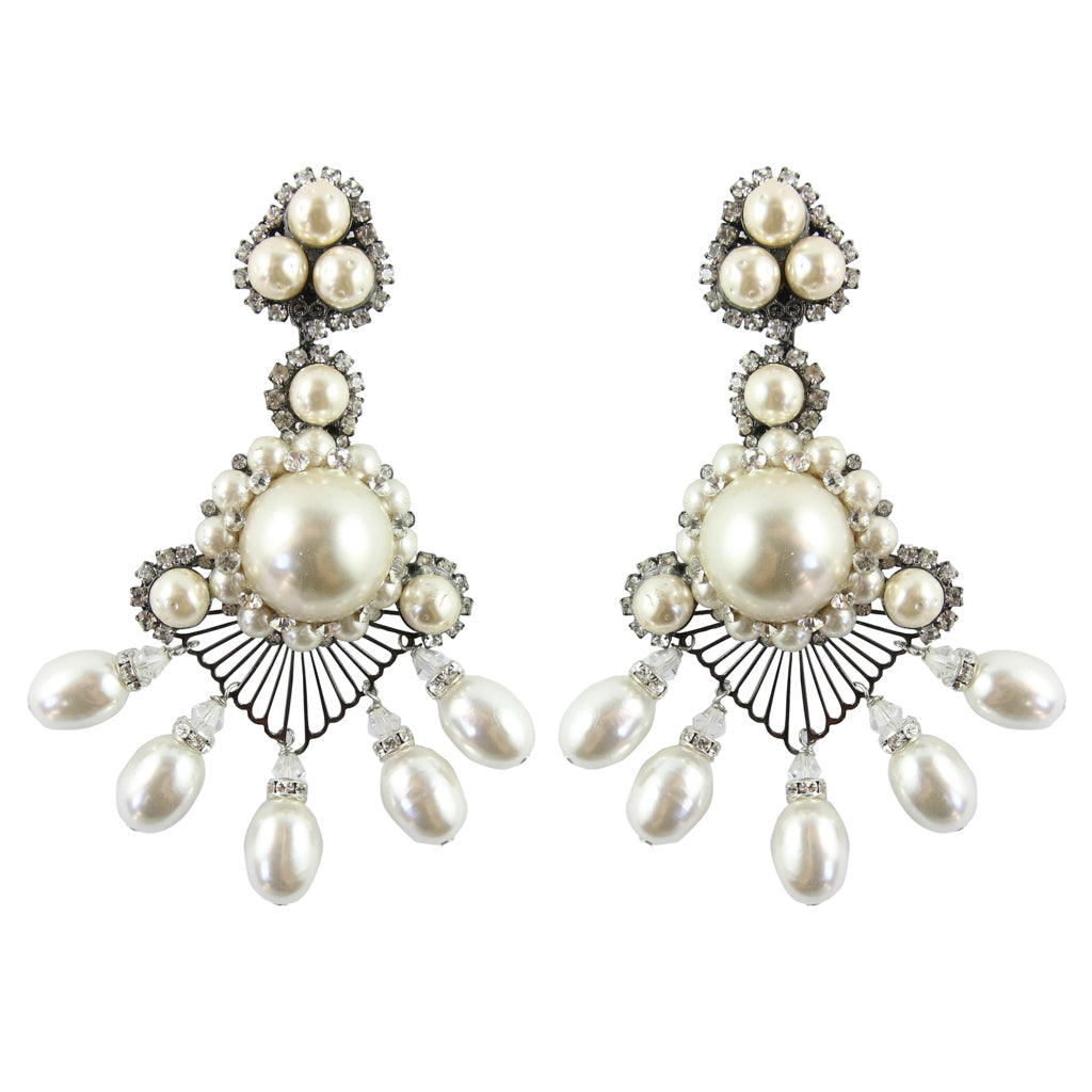 Lawrence VRBA Signed Large Statement Crystal Earrings - Large Pearl Lace Like Drop