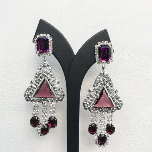 Lawrence VRBA Signed Large Statement Crystal Earrings - Triangle Drop Deep Purple & Silver