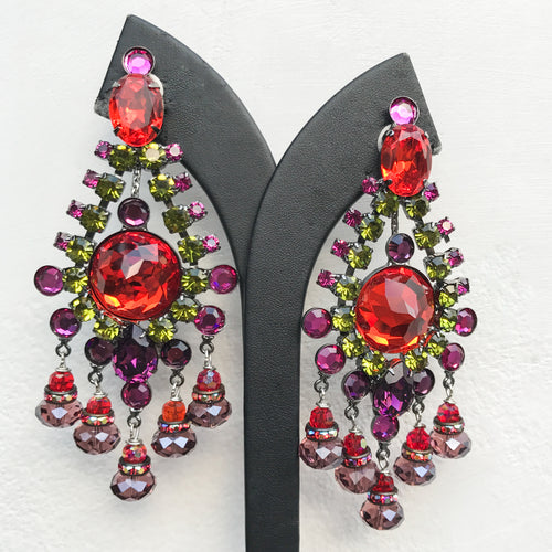 Lawrence VRBA Signed Large Statement Earrings - Blood Orange, Green, Purple, Fuschia Drop