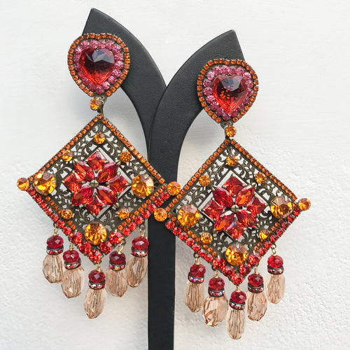Lawrence VRBA Signed Large Statement Earrings - Red Heart, Orange, Blood Orange Large Diamond Drop