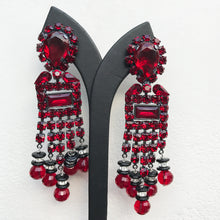 Load image into Gallery viewer, Lawrence VRBA Signed Large Statement Earrings - Dark Red &amp; Clear Drop