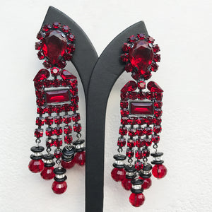 Lawrence VRBA Signed Large Statement Earrings - Dark Red & Clear Drop