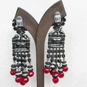 Lawrence VRBA Signed Large Statement Earrings - Dark Red & Clear Drop