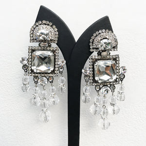 Lawrence VRBA Signed Large Statement Crystal Earrings - Modern Curve Clear & Pewter Square Drop