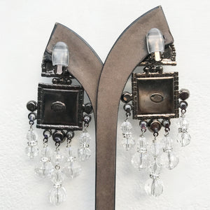 Lawrence VRBA Signed Large Statement Crystal Earrings - Modern Curve Clear & Pewter Square Drop