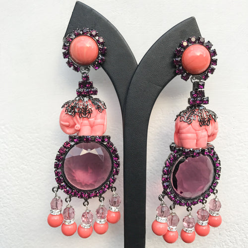 Lawrence VRBA Signed Large Statement Earrings - Circular Deep Purple & Coral Elephant Drop