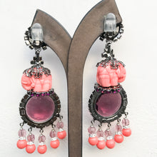 Load image into Gallery viewer, Lawrence VRBA Signed Large Statement Earrings - Circular Deep Purple &amp; Coral Elephant Drop