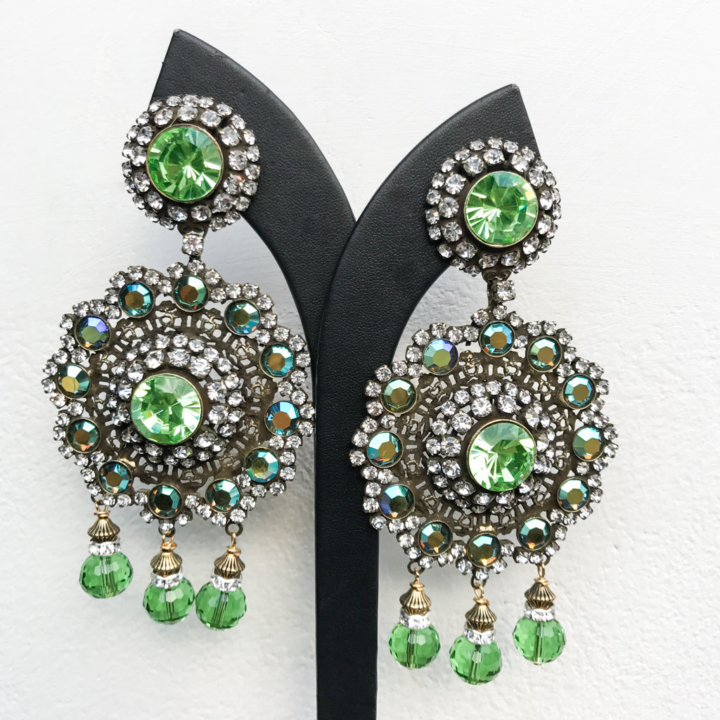 Lawrence VRBA Signed Large Statement Earrings - Large Green Disc Drop