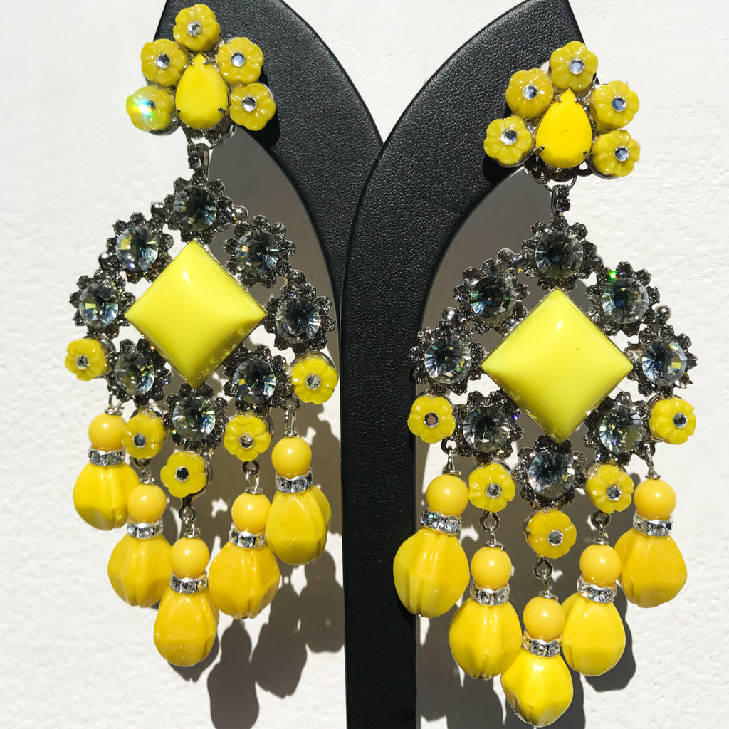 Lawrence VRBA Signed Large Statement Crystal Earrings - Lemon Yellow