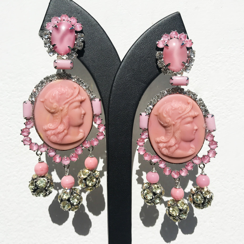 Lawrence VRBA Signed Large Statement Crystal Earrings - Pale Pink with Face Detail