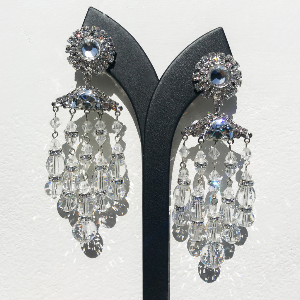 Lawrence VRBA Signed Large Statement Crystal Earrings - Silver, Clear Chandelier