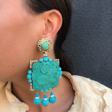 Load image into Gallery viewer, Lawrence VRBA Signed Large Statement Crystal Earrings - Turquoise Ram