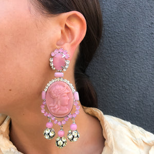 Lawrence VRBA Signed Large Statement Crystal Earrings - Pale Pink with Face Detail