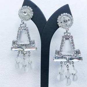 Lawrence VRBA Signed Large Statement Crystal Earrings - Clear, Opaque Chandelier