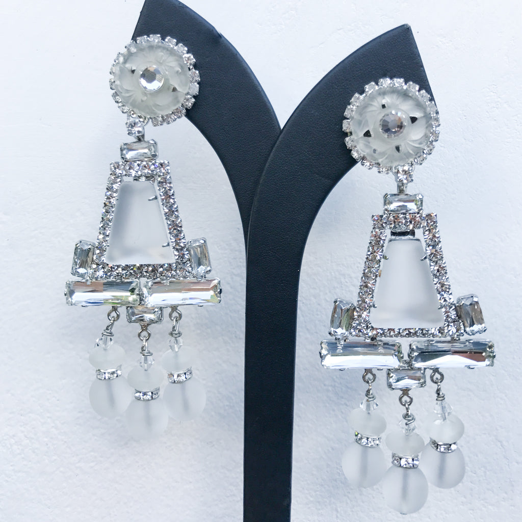 Lawrence VRBA Signed Large Statement Crystal Earrings - Clear, Opaque Chandelier