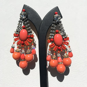 Lawrence VRBA Signed Large Statement Crystal Earrings - Coral, Clear