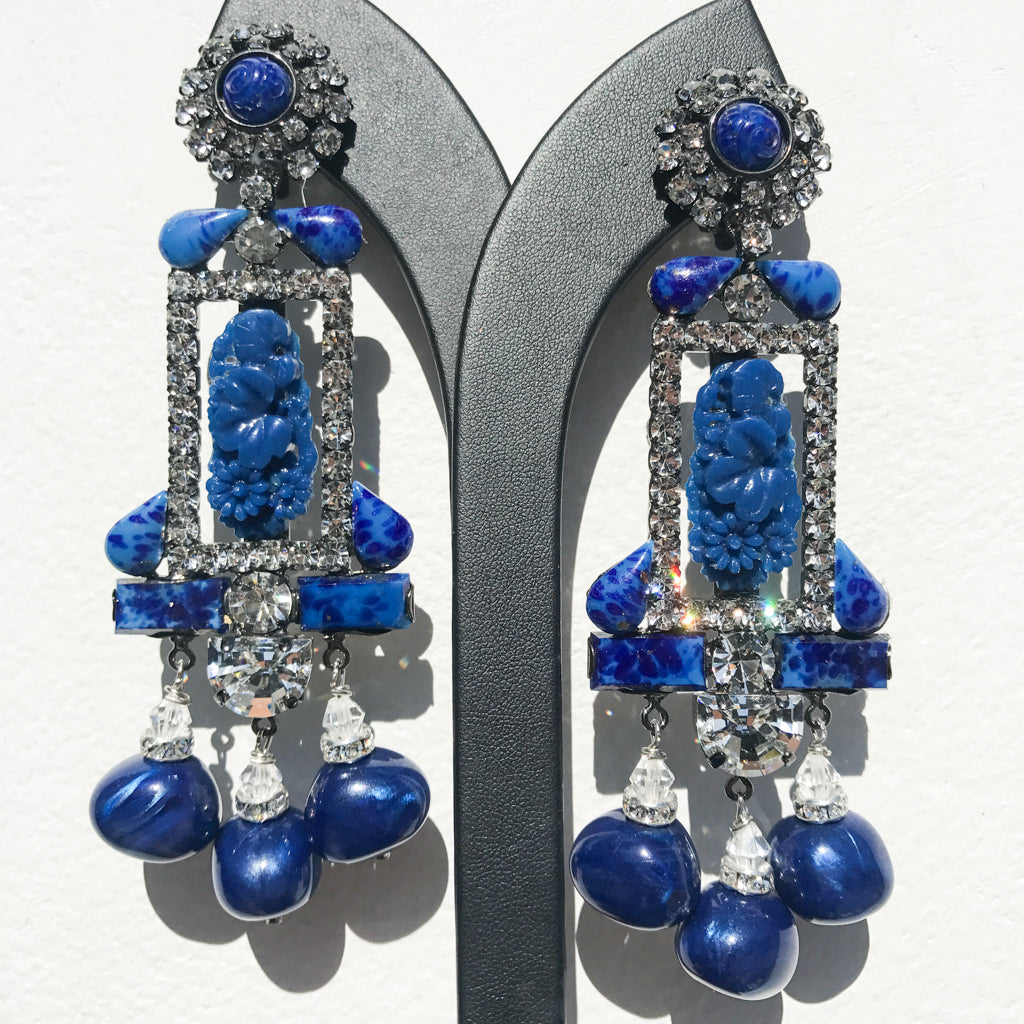 Lawrence VRBA Signed Large Statement Crystal Earrings - Electric Blue, Clear