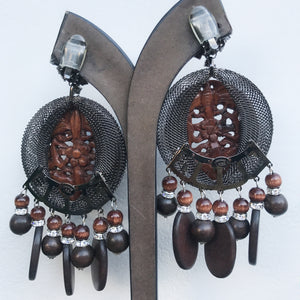 Lawrence VRBA Signed Large Statement Crystal Earrings -Tribal Brown