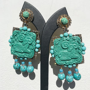 Lawrence VRBA Signed Large Statement Crystal Earrings - Turquoise Ram