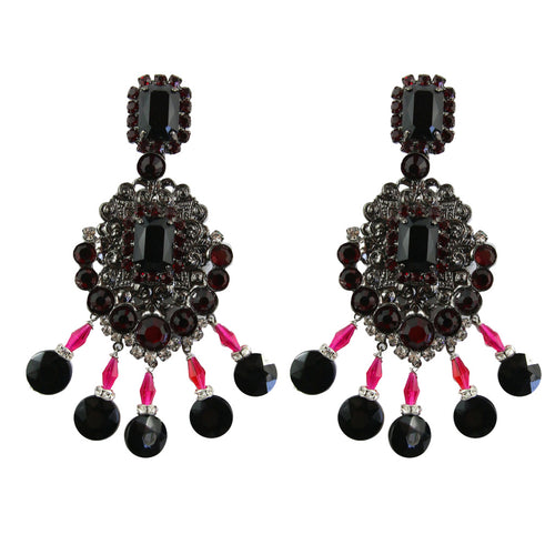 Lawrence VRBA Signed Large Statement Crystal Earrings - Blood Red, Black, Clear & Grey
