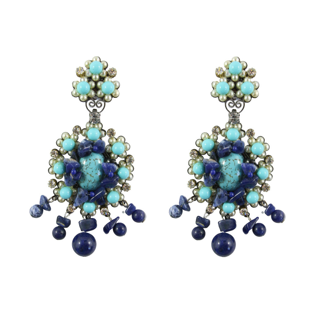 Lawrence VRBA Signed Large Statement Crystal Earrings - Blue Tonal Cluster