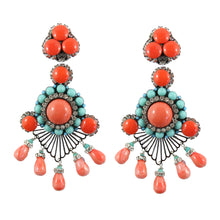 Load image into Gallery viewer, Lawrence VRBA Signed Large Statement Crystal Earrings - Delicate Lace Like Faux Coral &amp; Faux Turquoise