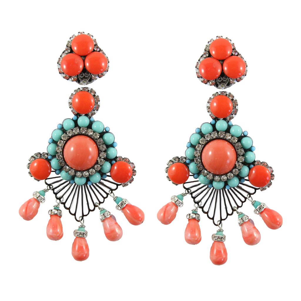 Lawrence VRBA Signed Large Statement Crystal Earrings - Delicate Lace Like Faux Coral & Faux Turquoise