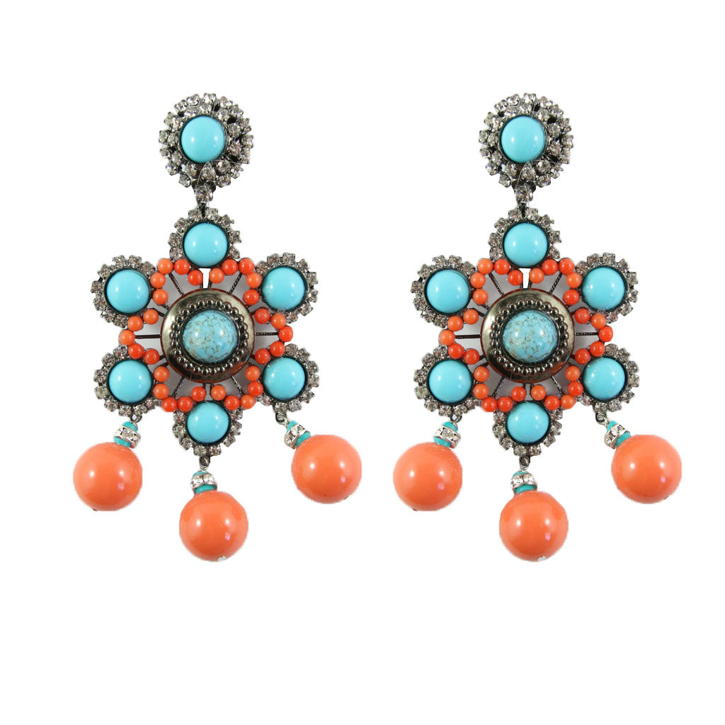 Lawrence VRBA Signed Large Statement Crystal Earrings - Flower Three Drop Faux Coral & Faux Turquoise
