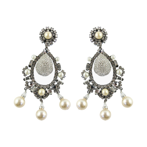 Lawrence VRBA Signed Large Statement Crystal Earrings - Pearl & Clear Oval Large Drop