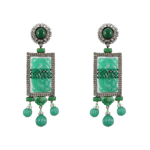 Lawrence VRBA Signed Large Statement Crystal Earrings - Oriental Emerald Green & Clear Rectangle