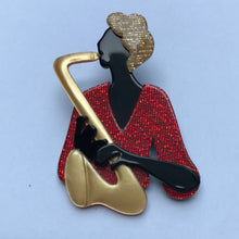 Load image into Gallery viewer, Lea Stein Signed Saxophonist Sax Lady Brooch Pin - Red Glitter, Gold, Gold Glitter, Black