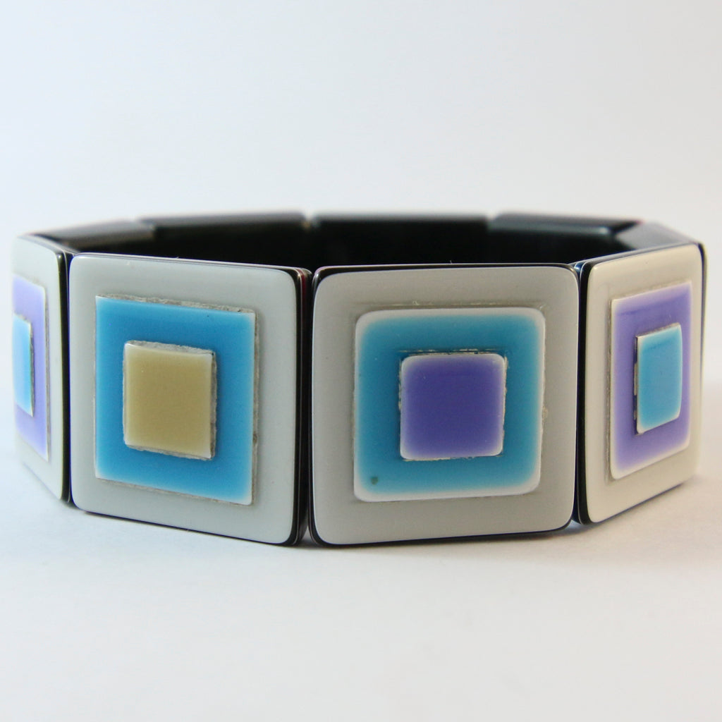 Lea Stein Signed Vintage Deco Stretch Bangle - Grey, Purple, Blue & Beige c.1960