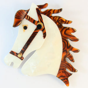 Signed Lea Stein Butter The Horse Head Brooch Pin - Pearl White & Brown & Black Swirls