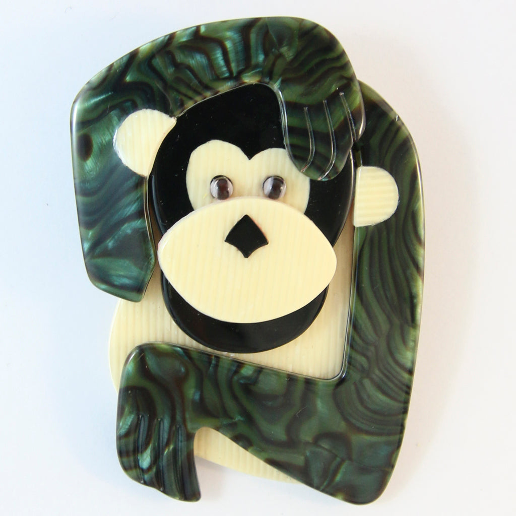 Lea Stein Saga The Monkey Brooch - Dark Green Swirled Arms, Black Head & Creme Body