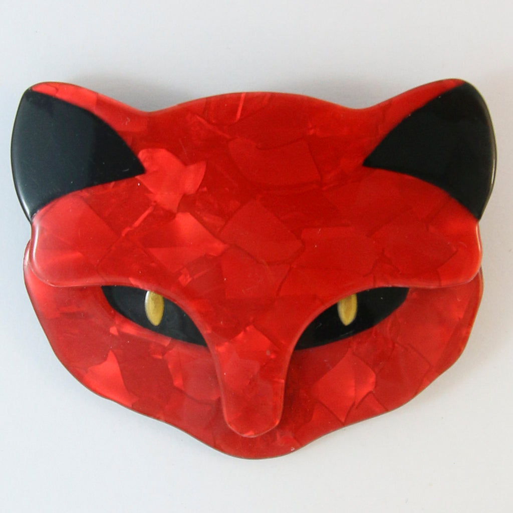 Lea Stein Attila Cat Face Brooch Pin - Red