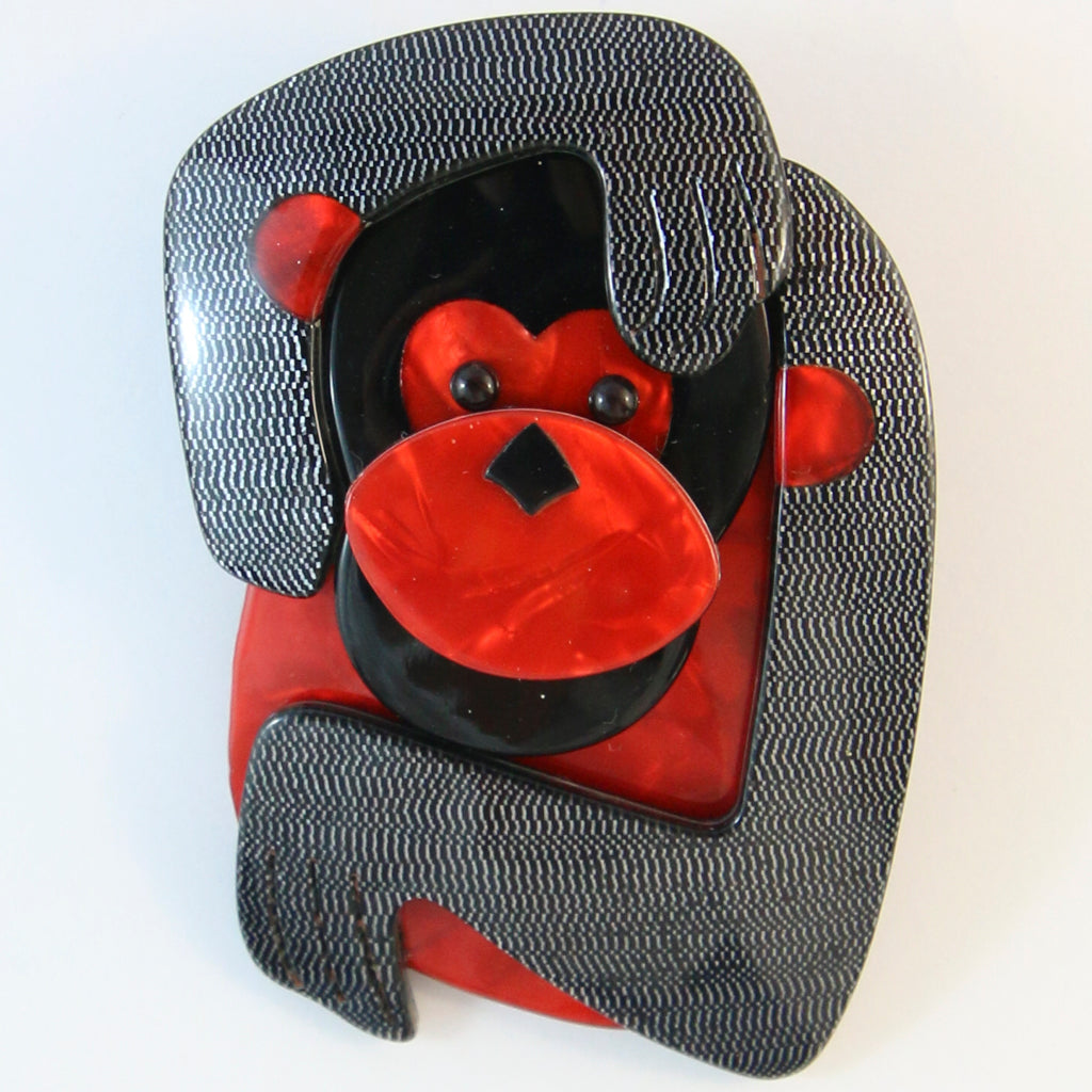 Lea Stein Saga The Monkey Brooch - Unique B&W Mesh Design With Red Body