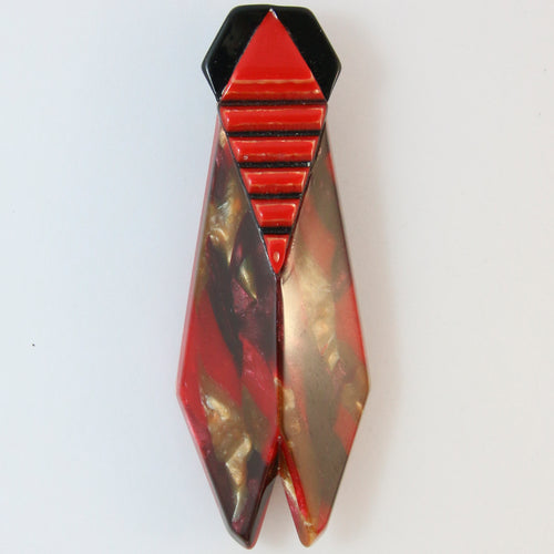 Lea Stein Cicada Insect Art Deco Brooch - Red, Gold & Black