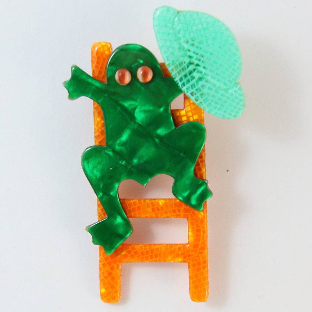 Lea Stein Signed Frog on Ladder Brooch Pin - Orange & Green