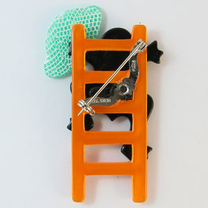 Lea Stein Signed Frog on Ladder Brooch Pin - Orange & Green