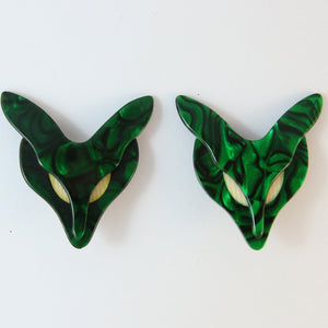 Lea Stein Fox Clip-On Earrings - Dark Green With Creme Eyes