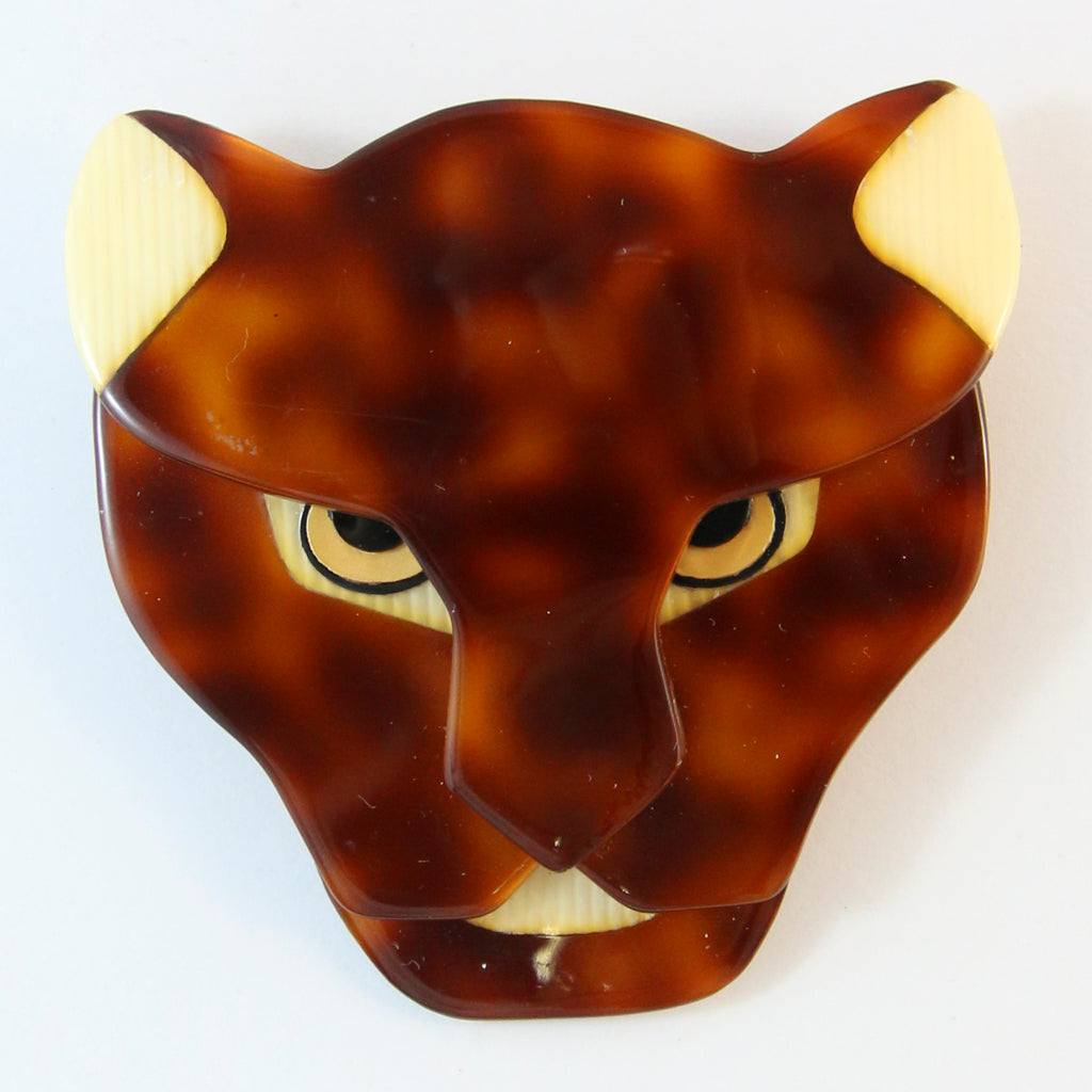 Signed Lea Stein Puma The Jaguar Head Brooch Pin - Tortoiseshell