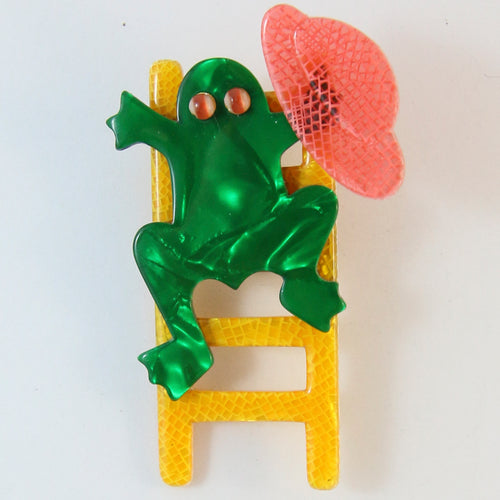 Lea Stein Signed Frog on Ladder Brooch Pin - Yellow, Red & Green