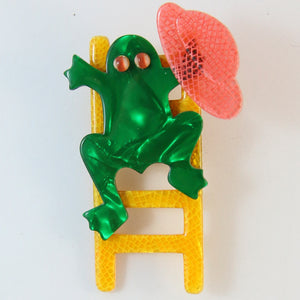 Lea Stein Signed Frog on Ladder Brooch Pin - Yellow, Red & Green