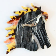 Load image into Gallery viewer, Signed Lea Stein Butter The Horse Head Brooch Pin - Black &amp; Red Marble